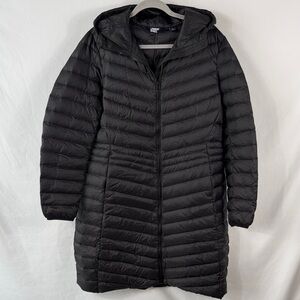 Lands' End Women's Black Quilted Down Filled Hooded Puffer Jacket. Size L. Long